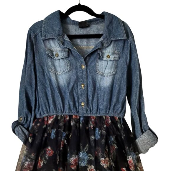 Zunie Dress Girls 12 Blue Denim Floral roll sleeve collared prairie farm casual - Picture 3 of 9